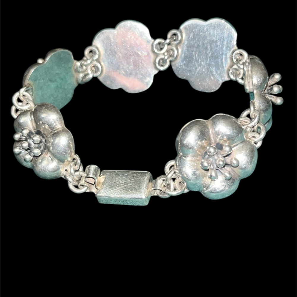 VINTAGE MEXICAN STERLING SILVER 44g Puffed Flower Link Bracelet 7.5” - Picture 6 of 6